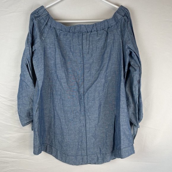 Free‎ People Show Me Some Shoulder Blouse Women's Size Small Linen Blue Boho - Picture 3 of 8